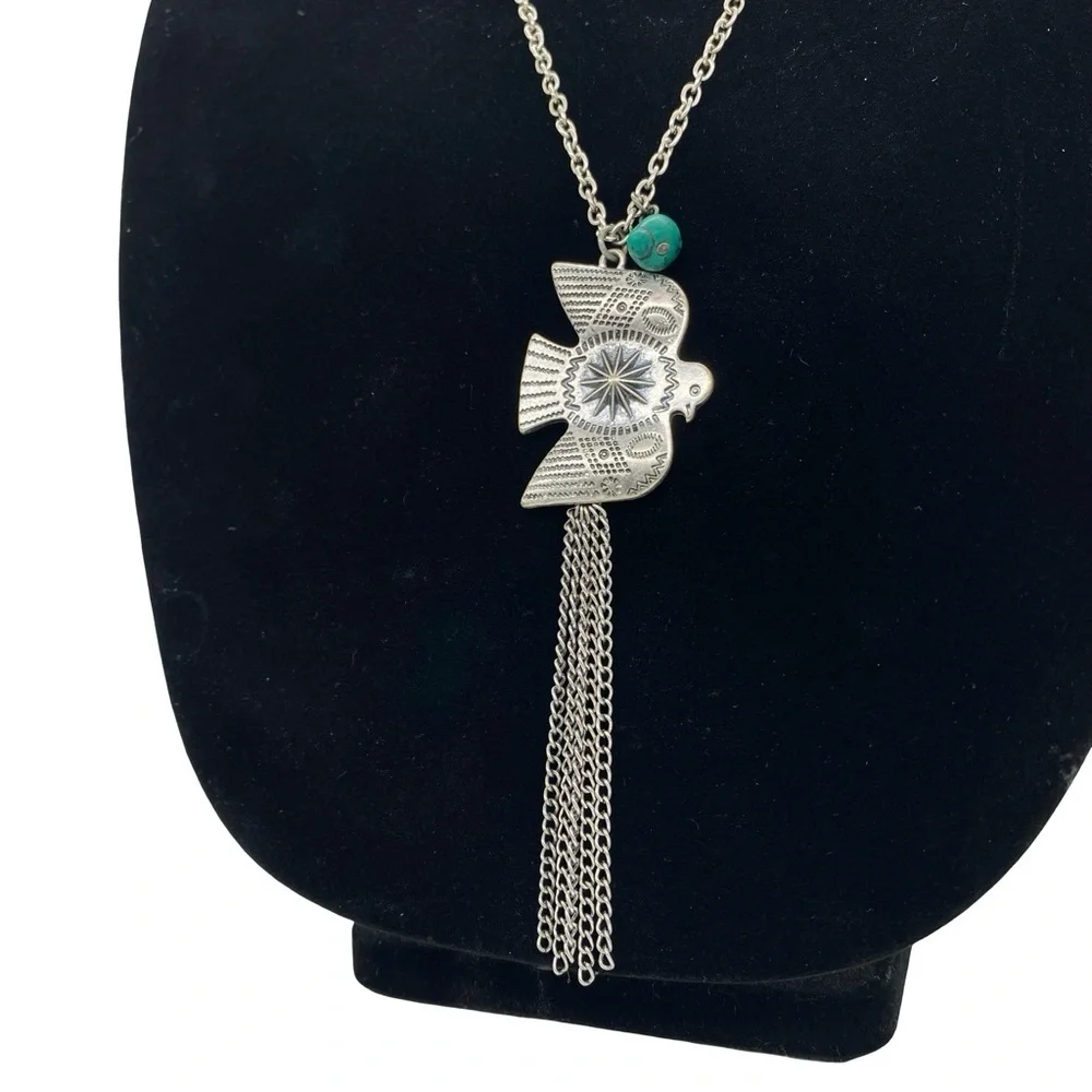 Vintage Thunderbird Phoenix Long Dangle Necklace Silver Tone Metal Turquoise